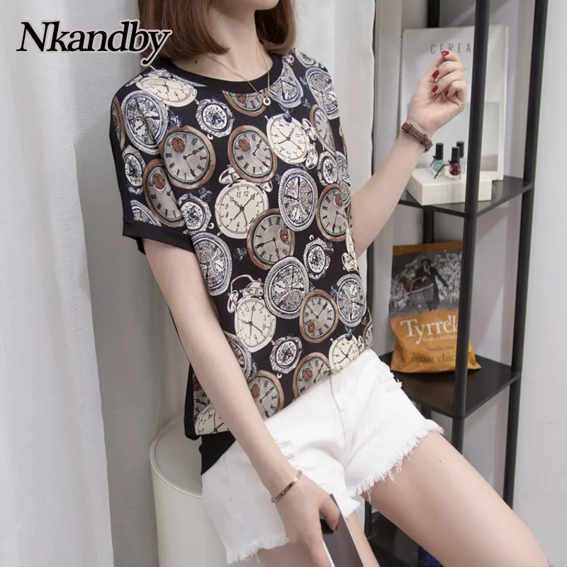 Nkandby 2021 Summer Women Short Sleeve Tshirt Chiffon Patchwork Fashion Vintage Print T-shirt Cool Loose Streetwear Tops Femme | Женская