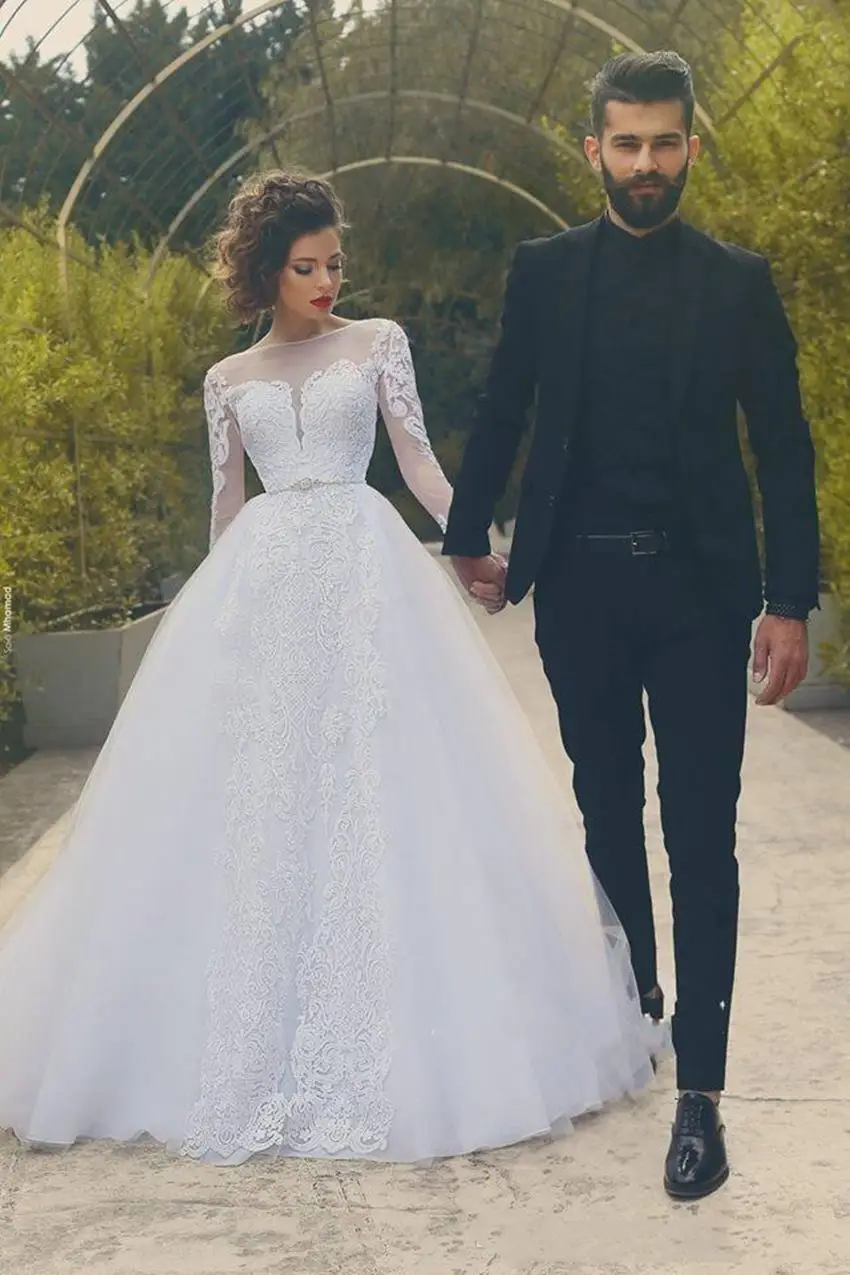as picture Изысканное свадебное платье принцессы с длинным рукавом воротник Sheer Jewel бисером пояса Иллюзия трапециевидной формы длина до пола Тюль robe de mariee - Цвет: as picture