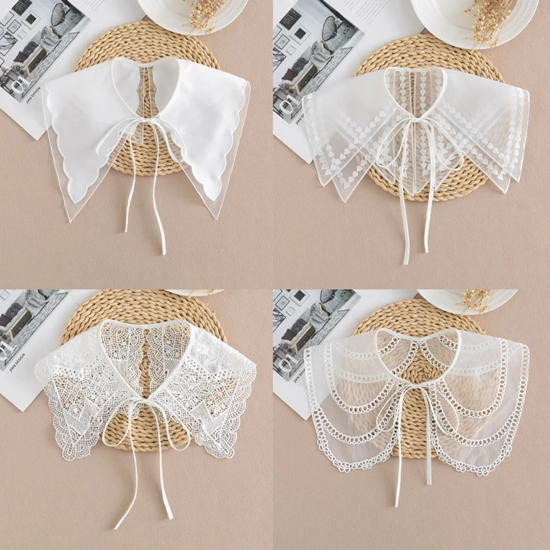 

Women Sweet Elegant Organza Faux Collar Shawl Wrap Layered Lace Splicing Tulle Necklace Half Shirt Lace-Up Decorative Mini Ponch