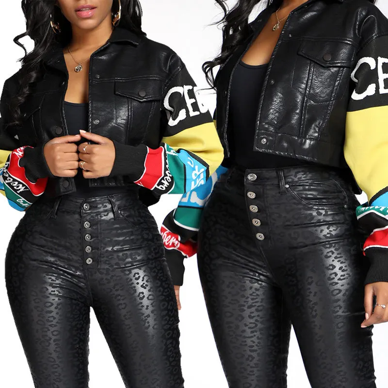 Новинка, модное черное кожаное пальто, длинный рукав, с буквенным принтом, сексуальная женская тонкая куртка, плотное сексуальное весеннее Женское пальто