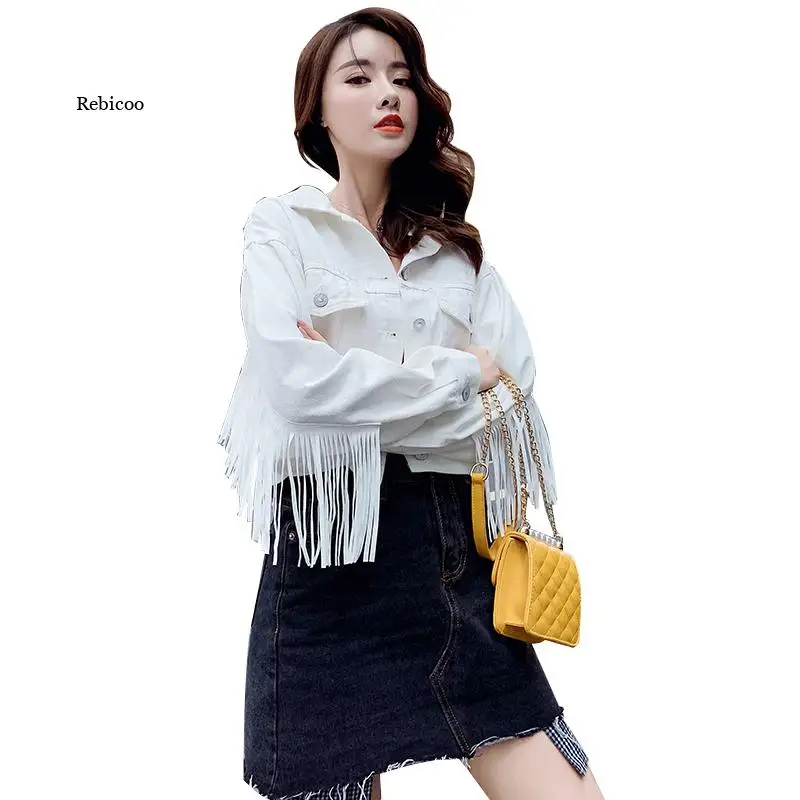 

New Denim Jacket Tassel Women Jackets Short Loose Female Casual Long Sleeve Button Outwear Coats White Top Spring Autumn