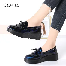 EOFK/Женская обувь на плоской подошве; сезон осень; Цвет Черный; лакированная кожа; без шнуровки; с бахромой; милые женские повседневные лоферы; женская обувь на плоской подошве; обувь на платформе