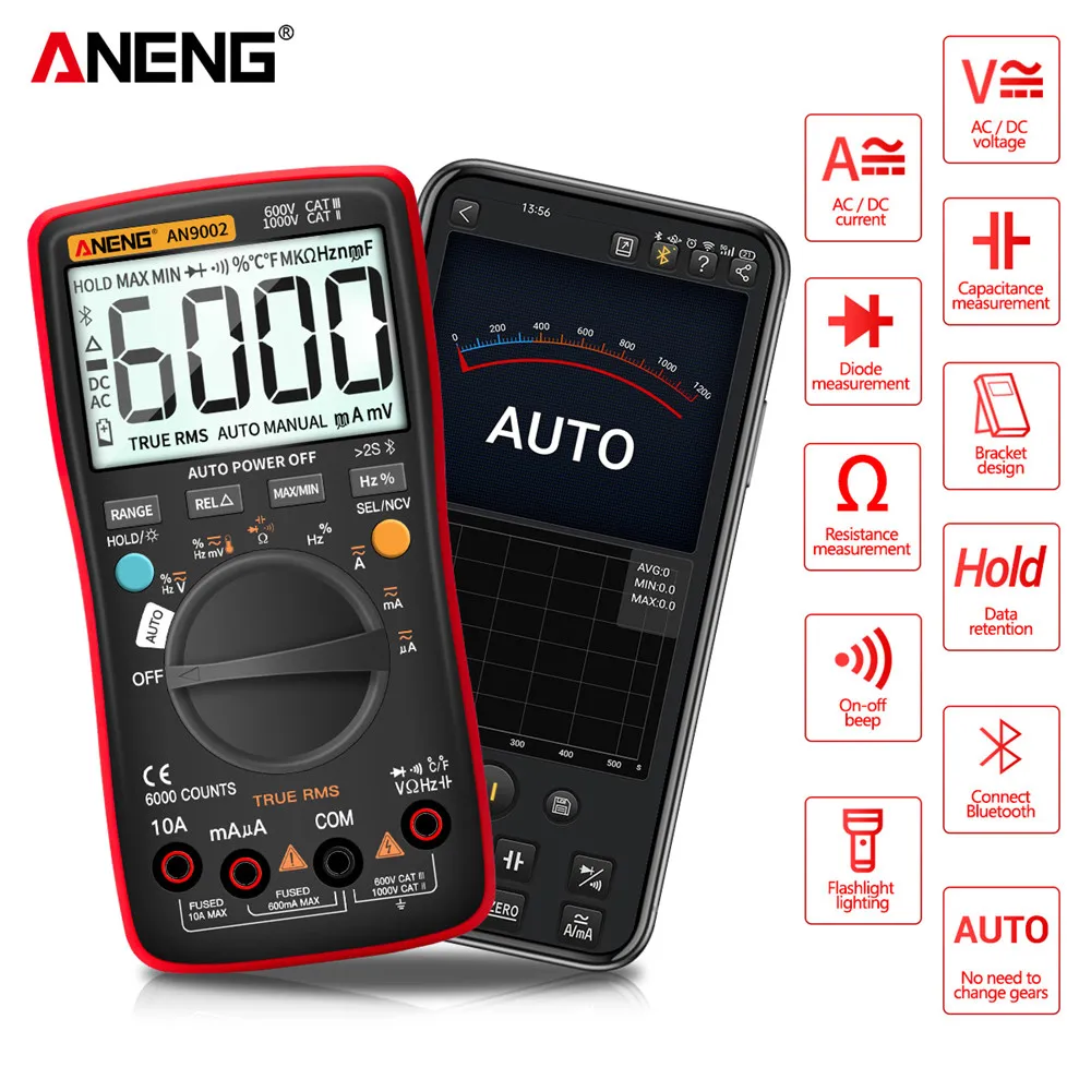 US $29.16 Aneng An9002 Digital True Rms Professional 6000 Counts Bluetooth Multimetro AcDc Current Voltage Tester AutoRange Multimeter