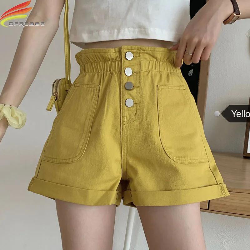 

Candy Color Shorts Women's Denim Summer 2020 New Arrival High Elastic Waist Single Button Wide Leg Crimping Loose Denim Shorts