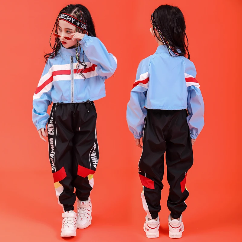 Детская одежда в стиле хип-хоп куртка с воротником-стойкой Топ, повседневные штаны для бега для девочек и мальчиков, костюм для джаза, танцевальная одежда