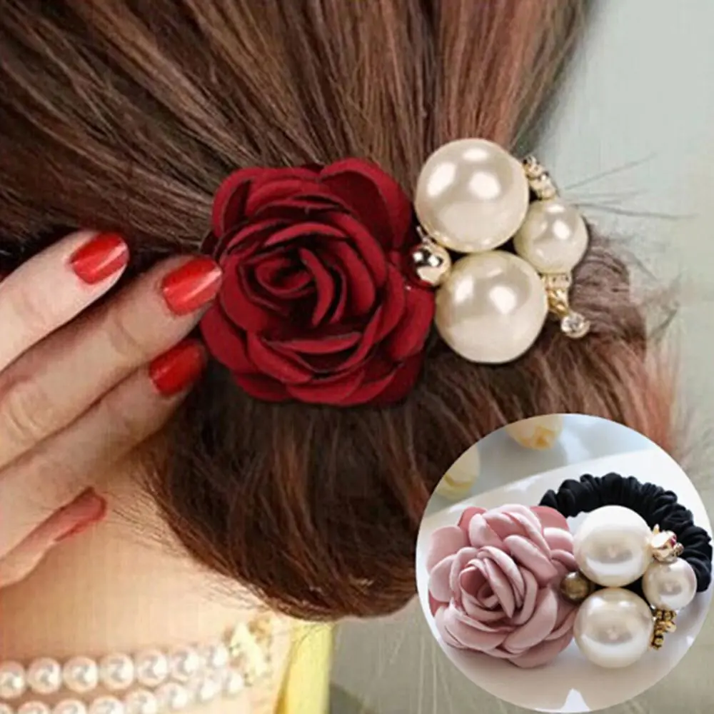 

1pcs Hair Accessories Women Fashion Style Big Rose Flower Pearl Rhinestone Hair Bands Elastic Hair Rope Ring 6 Colors for Girls