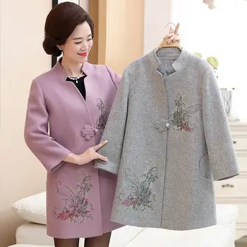 

Embroidery Woolen Coat 2019 Autumn Winter New Large Size Women's Blends Jacket Elegant Applique Female Outerwear Plus Size 5XL