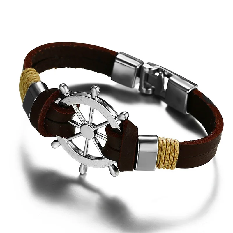 Vintage Black Brown Alloy Rudder Bracelet Leather Rope Anchor Ship Rudder Braided Bracelets Men Fashion Jewelry bracelet jewelry