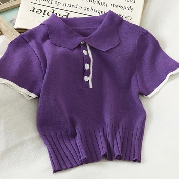 

HELIAR Tees Purple Polo Shirt Women shirts Knitted Short Sleeve Casual Summer Peter pan Collar Polo shirts For Women