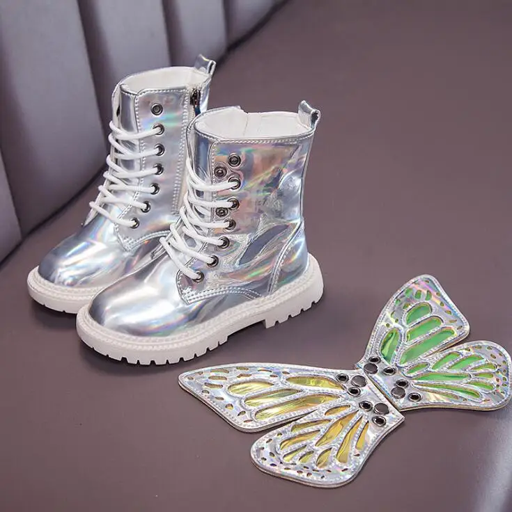 New Autumn Kids Martin Boots Baby Girls Pu Leather Shoes Children Butterfly Ankle Boots Boys Black Brand Boots Fashion Soft Shoe