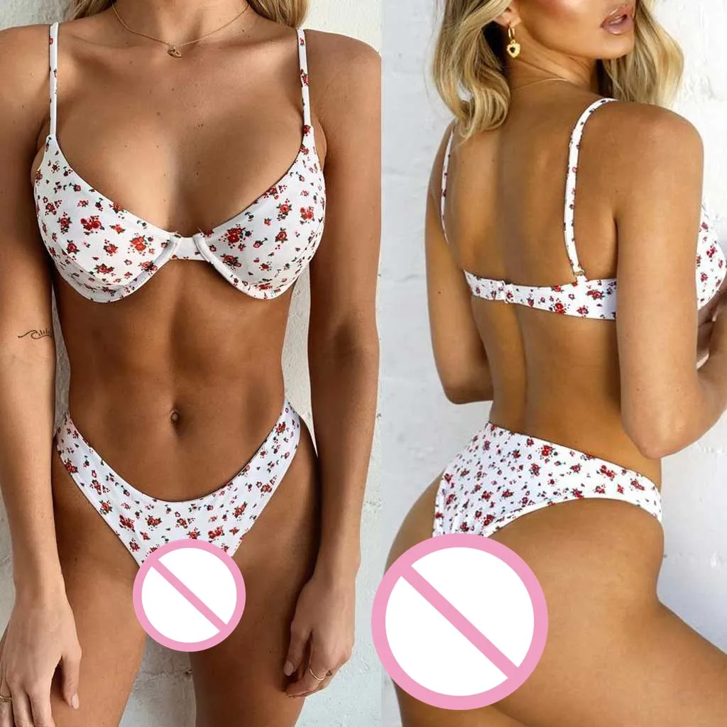 CHAMSGEND Women Swimsuit Flower Pattern Sexy Wrapped Chest Hawaii Split