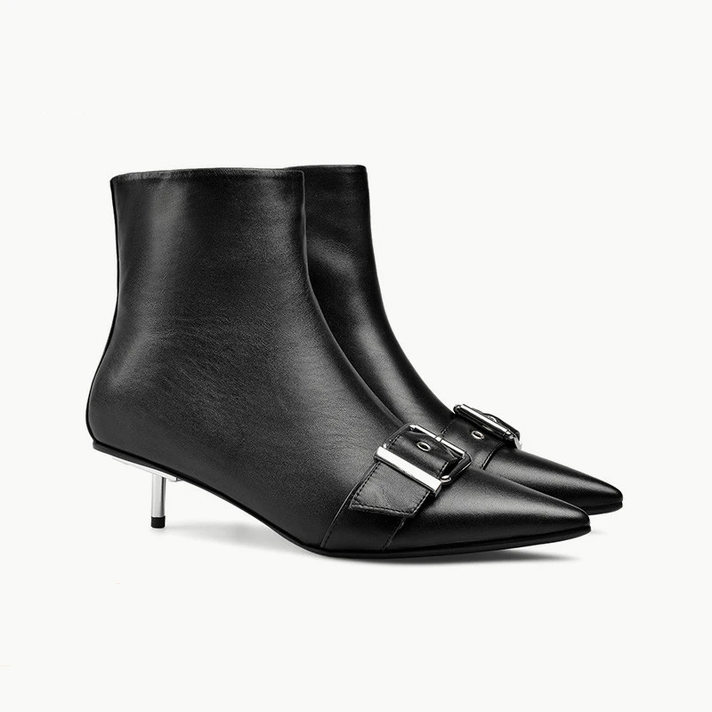 

Women Ankle Boots Belt Buckle In Font Zipper In Side Point Toe Metal Thin Mid Heels Short plush lining Winter Boots