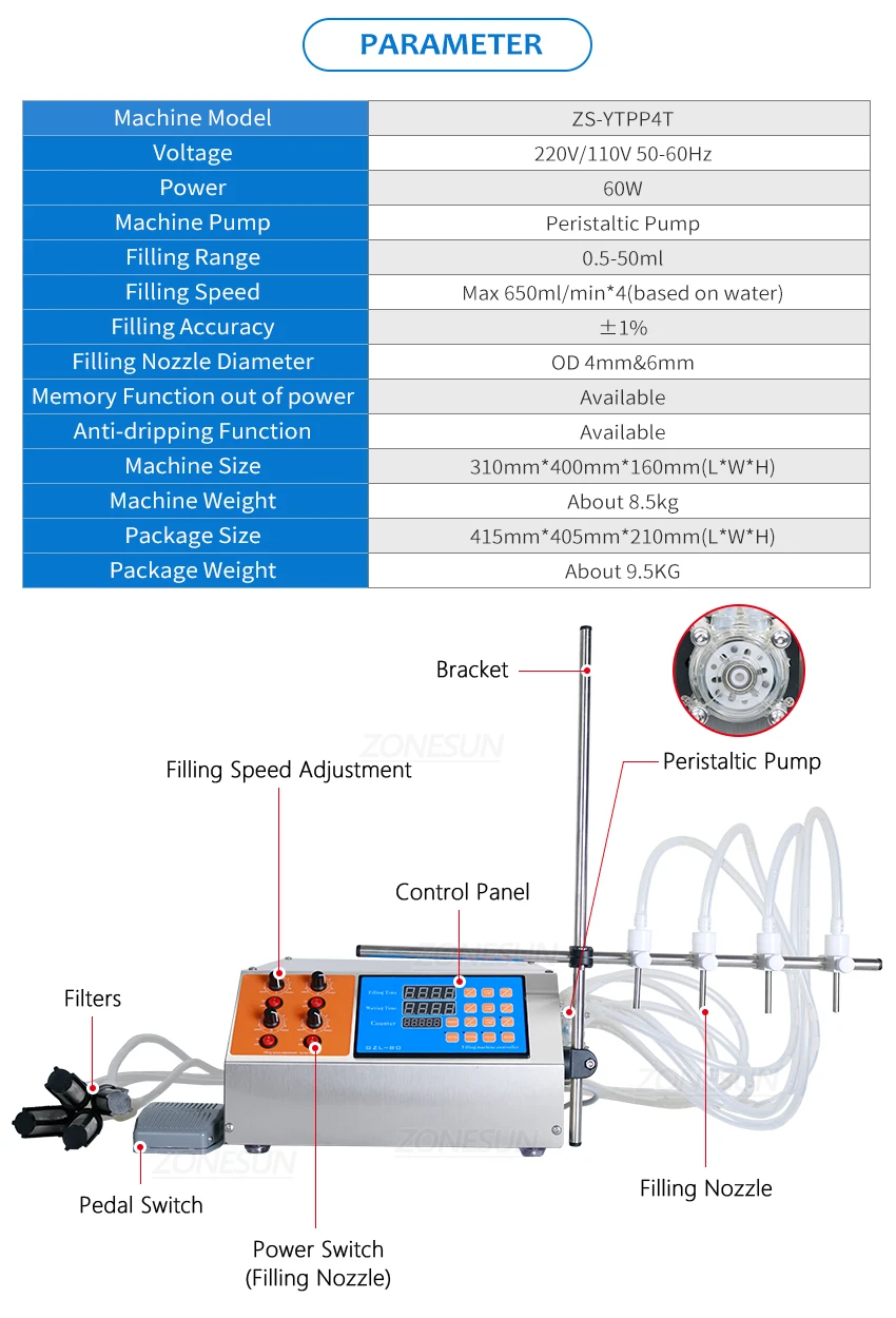 ZONESUN ZS-YTPP4T Semi-automatic 4 Nozzles Peristaltic Pump Liquid Filling Machine