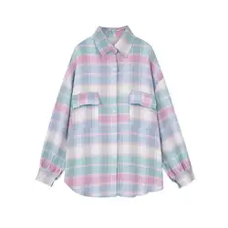MISSKY 2019 Новинка весны Осенняя рубашка для Для женщин розовый защита от солнечных лучей в клетку с длинным рукавом шифоновая рубашка Топ
