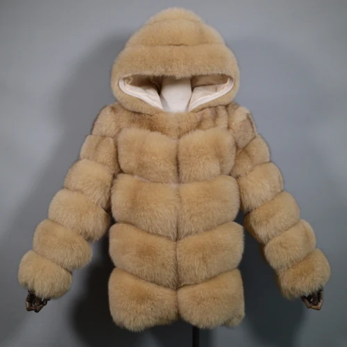 beige yellow Новинка, роскошное Женское зимнее плотное пальто с капюшоном из натурального Лисьего меха, куртка из натурального Лисьего меха высокого качества, пальто с капюшоном из натурального Лисьего меха - Цвет: beige yellow