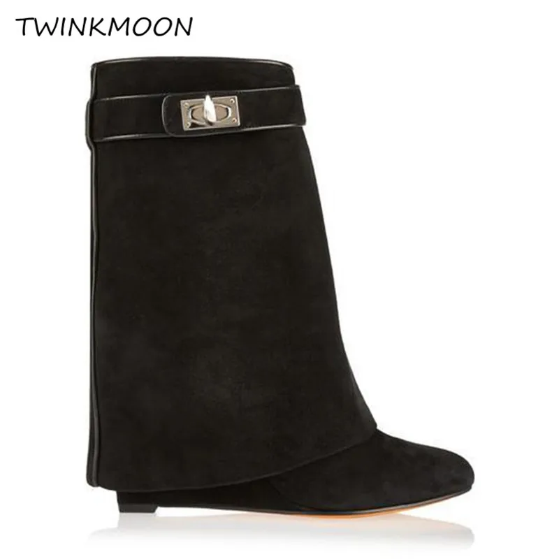 Genuine Leather Shark Lock Ankle Boots Suede Women's Boots Designer Runway Shoes Bootee Woman 2019