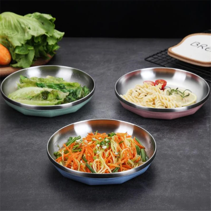 

Stainless Steel Dinner Plates Western Steak Round Tray Nordic Tableware Plate Dessert Salad Snack Dinnerware Cake Plate