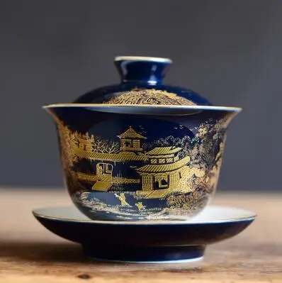 Цзиндэчжэнь ручная роспись Золото Эмаль керамика пиалы для чая Индиго глазурь Sancai Крышка Чаша кунгфу Gaiwan, чайная чашка чаша чайная посуда - Цвет: style 03