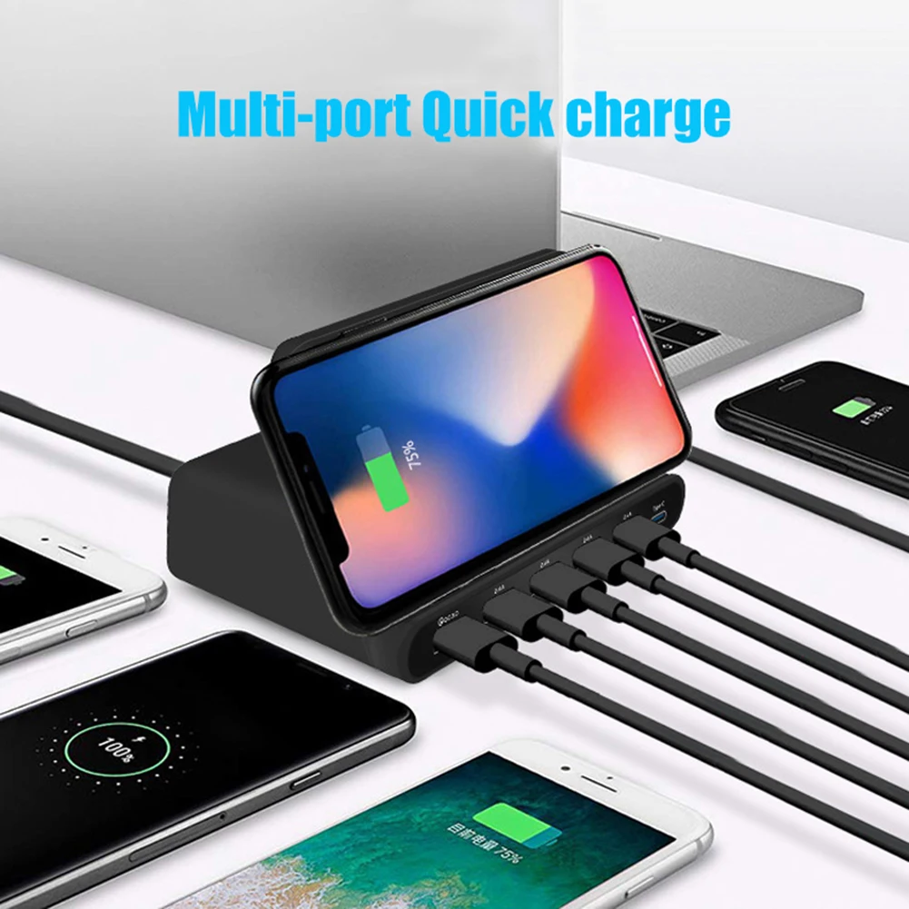 3 in 1 Wireless Charger r For iPhone X XS Max Samsung S10 Xiao mi Mi 9 6 Ports 2.14A USB Type-C Fast Charging Dock Stand