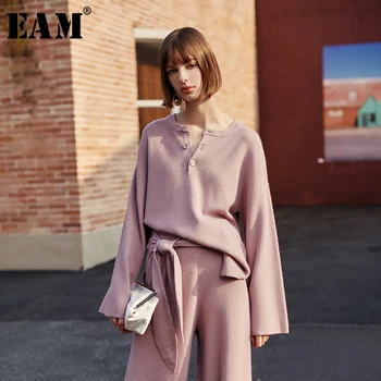 

[EAM] Button Split Knitting Sweater Loose Fit Round Neck Long Sleeve Women Sweater New Fashion Tide Spring Autumn 2021 1H830