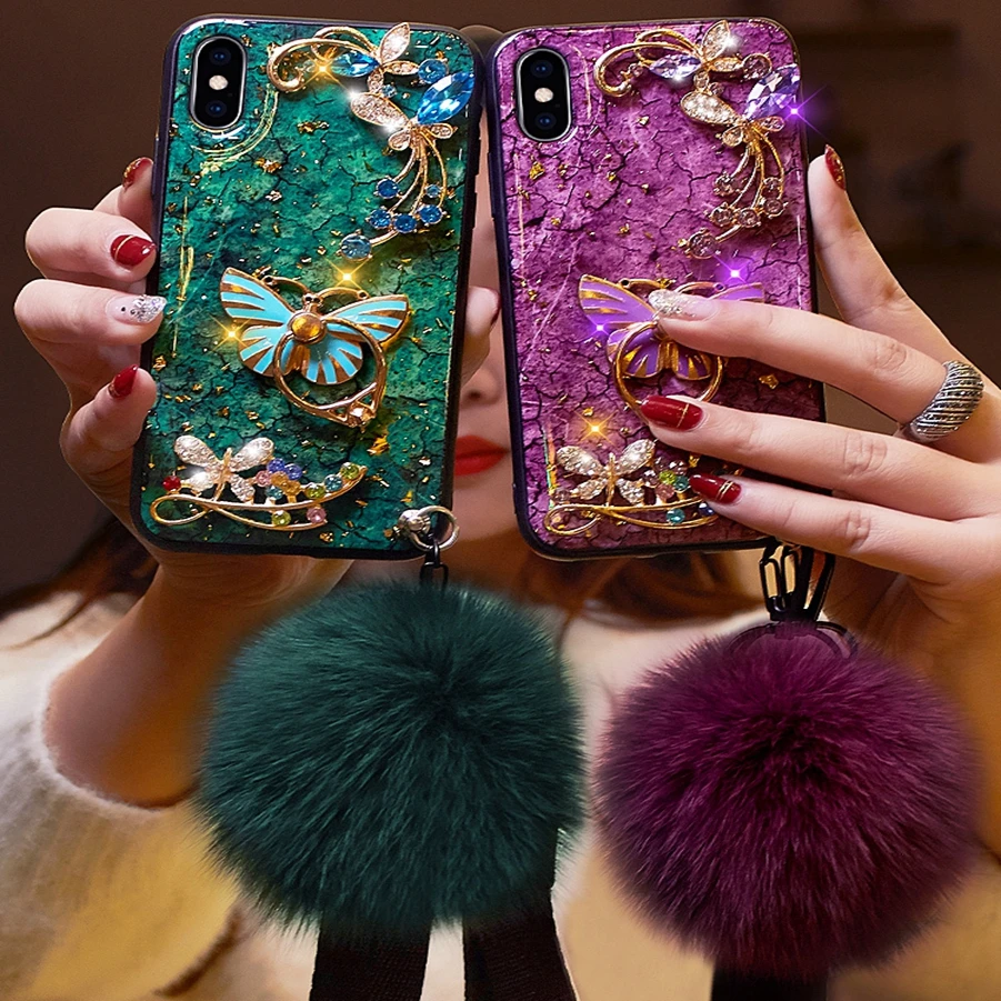 

Marble Case For Xiaomi 9 8 Redmi 7 Note 7 6A 5 Plus Butterfly Bling Diamond Ring Bracket Warm Fluffy Ball Wrist Strap Anti-fall