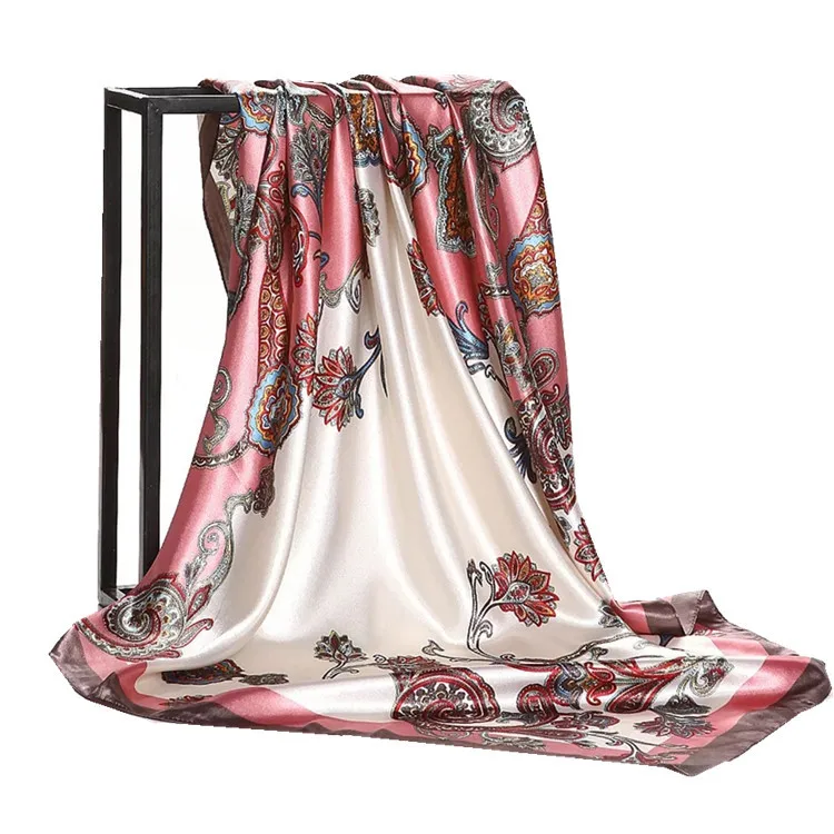 Floral Print Head Scarf For Women Silk Satin Hijab Scarfs Orange Red 90*90cm Square Neckerchief Headband Scarves For Ladies 3