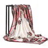 Floral Print Head Scarf For Women Silk Satin Hijab Scarfs Orange Red 90*90cm Square Neckerchief Headband Scarves For Ladies 3