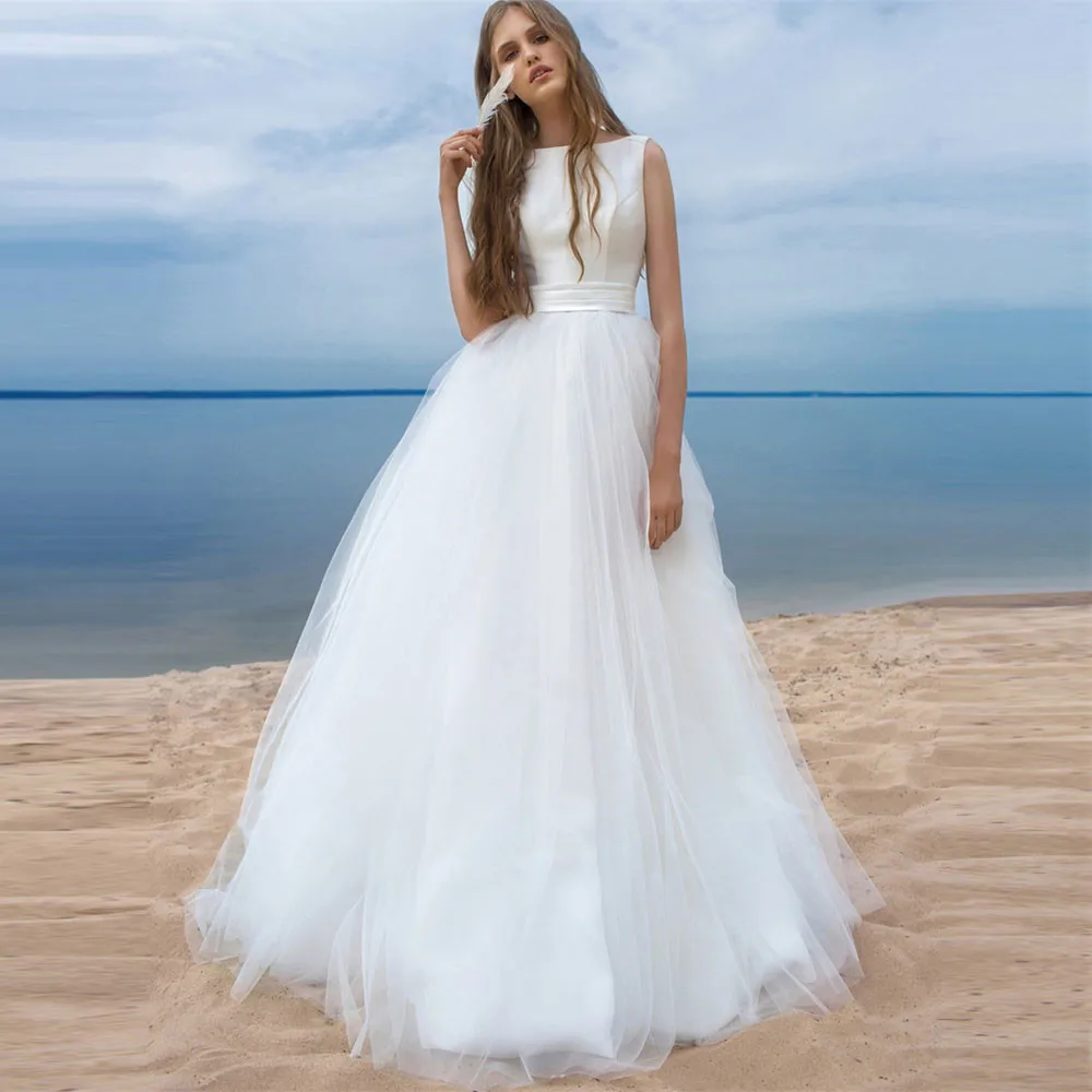 

Scoop Tulle Skirt A Line Wedding Dress Beach Simple Lace Up Back With Bowknot Bridal Gowns Sleeveless 2020 Ladies Wedding Dress