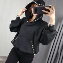 

Autumn Winter Women Korean Beading Pullover Hooded Sweatshirt Black Elegant Hoodie Office Ladies Long Sleeve Casual Tops Black