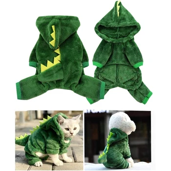 

Cute Winter Pet Clothes Warm Dog Hoodies Dinosaur Coat Four-Leg Jumpsuit for Cat & Small Dog Soft Coral Fleece Outfit for Cats