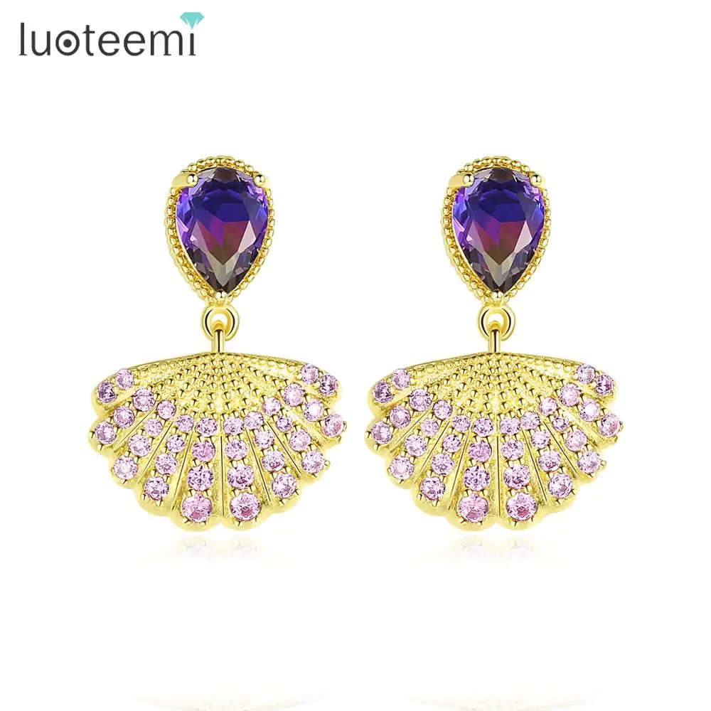 Серьги подвески LUOTEEMI с изящным дизайном в виде ракушек фиолетовые/зеленые
