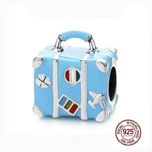 MOWIMO, 925 пробы, серебристый чемодан, синие Бусины, подходят к оригинальному браслету Pandora, подвеска, ювелирные изделия дружбы, BKC1377