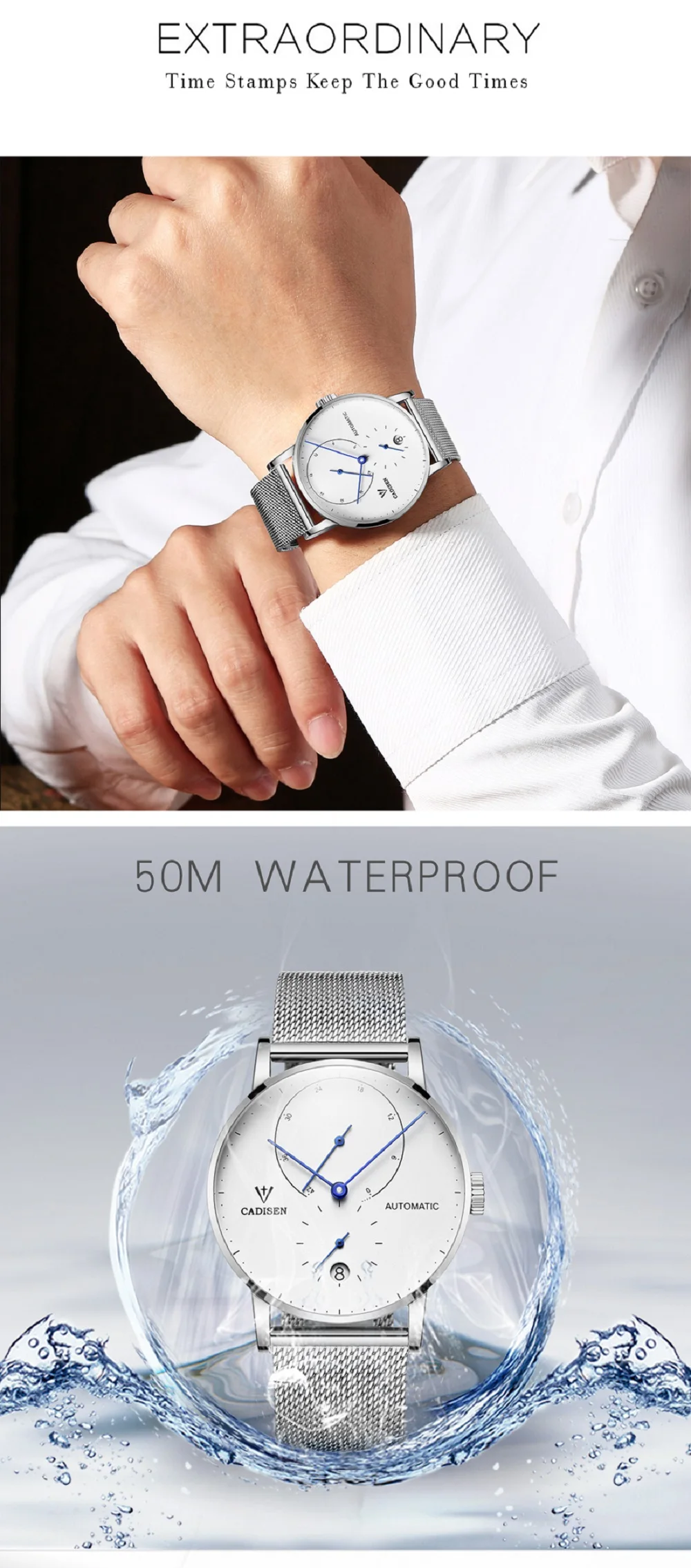 CADISEN Роскошные Мужские автоматические часы Топ бренд механические часы военные бизнес досуг 5ATM водонепроницаемый Календарь мужской