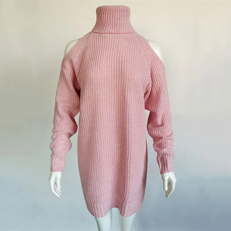 Повседневное осенне-зимнее вязаное платье-свитер с воротником-хомутом и открытыми плечами для женщин, однотонный тонкий пуловер размера плюс, вязаный джемпер