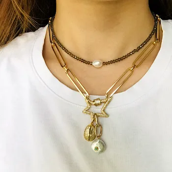 

women new style zircon spiral buckle pendant choker freshwater pearl gold-color shell decoration thick chain necklace party gift