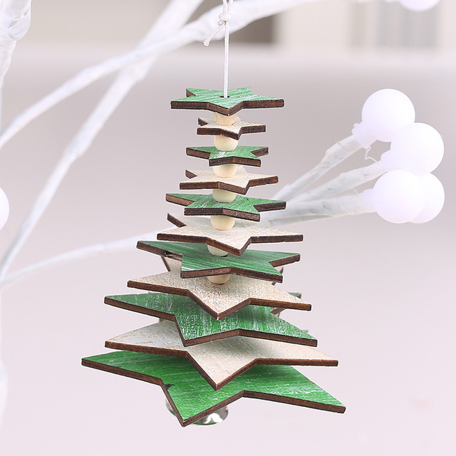 Wooden Christmas Tree Pendants Xmas Tree Hanging 3D Rotate  Snowflake Star Ornaments Small Bell Home Office Decoration Gift