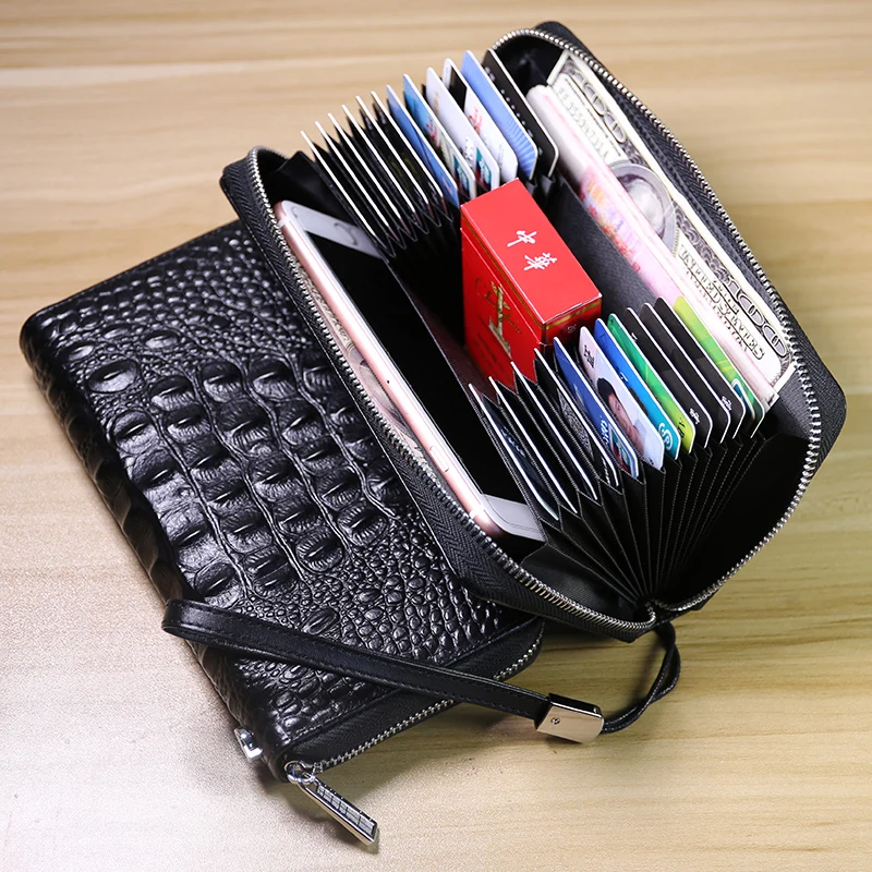 Black 24card Кошелек из бычьей кожи кошельки для мужчин с защитой от RFID, для карт держатель кошелек портмоне, Длинный кошелек для телефона - Цвет: Black 24card