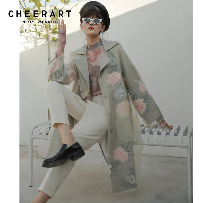 CHEERART органзы Цветочные пальто для женщин высокая уличная мода 2019 осень длинное