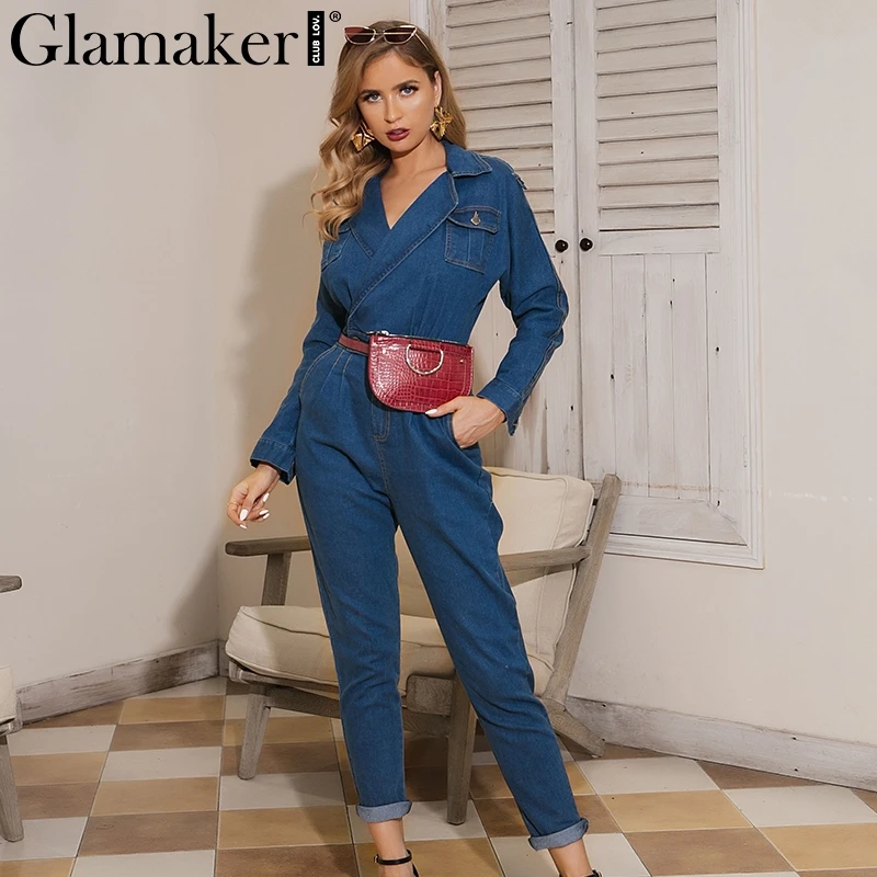 Женский джинсовый комбинезон Glamaker с v-образным вырезом и длинным рукавом зимний