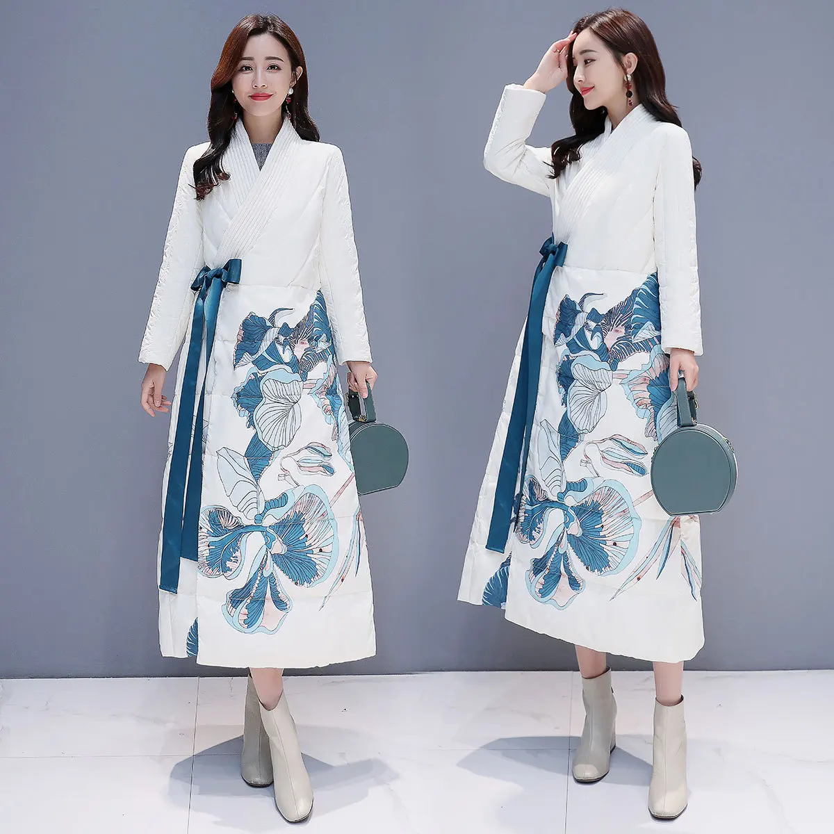 

2019 Winter New Style Ethnic-Style Cotton Coat over-the-Knee Mid-length Cotton-padded Clothes WOMEN'S Coat Printed Cotton-padded