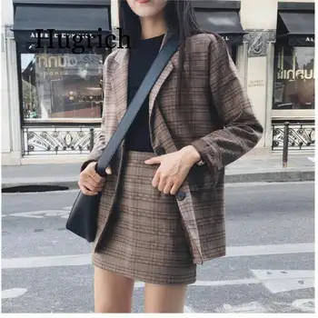 

New plaid joker skirts suits Girls Female Vintage Autumn two piece set elegant Women's Sets 2 pecas women skirt Suits (Separate)