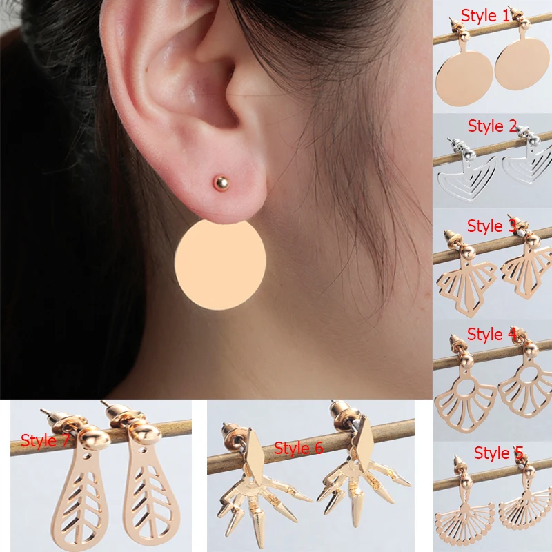 Chandler Stainless Steel Double Side Stud Earring For Women Round Disc Hollow Out Leaf Geometrical Two Sided Boucles D