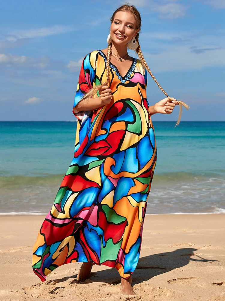 2023 Loose Boho Style Maxi Dress Print Face Swim Suit Cover-up Bohemian Dress Robe Plage Kaftan Maxi Dress Beach Wear Tunics