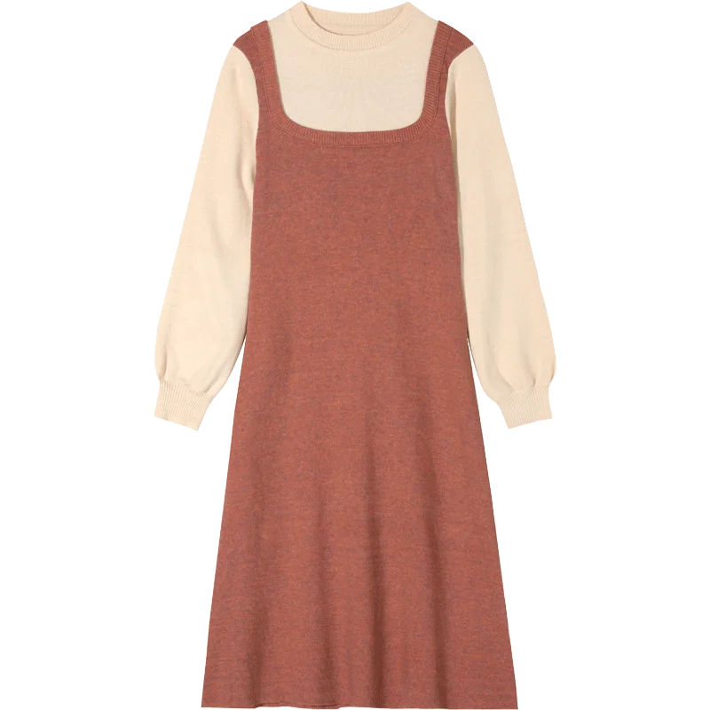 Pink ELFSACK, черное однотонное трикотажное обтягивающее платье-комбинация для женщин,, зимнее повседневное офисное платье с рукавами-фонариками, имитация двух частей - Цвет: Pink