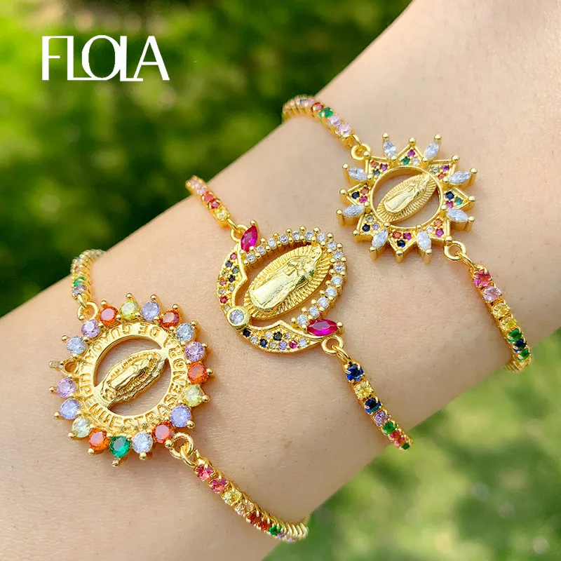 FLOLA Multicolor Virgin Mary Bracelets Women Crystal Bracelets Gold Plated Christian Jewelry virgen de guadalupe brtc09 bracelet jewelry