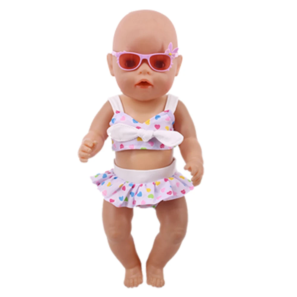 Traje de baño de flamenco + gafas de sol de oreja de conejo para muñeca de 18 pulgadas, regalo de muñeca de bebé nacido, accesorios de ropa, artículos de juguetes, 43 Cm, 2 piezas por juego