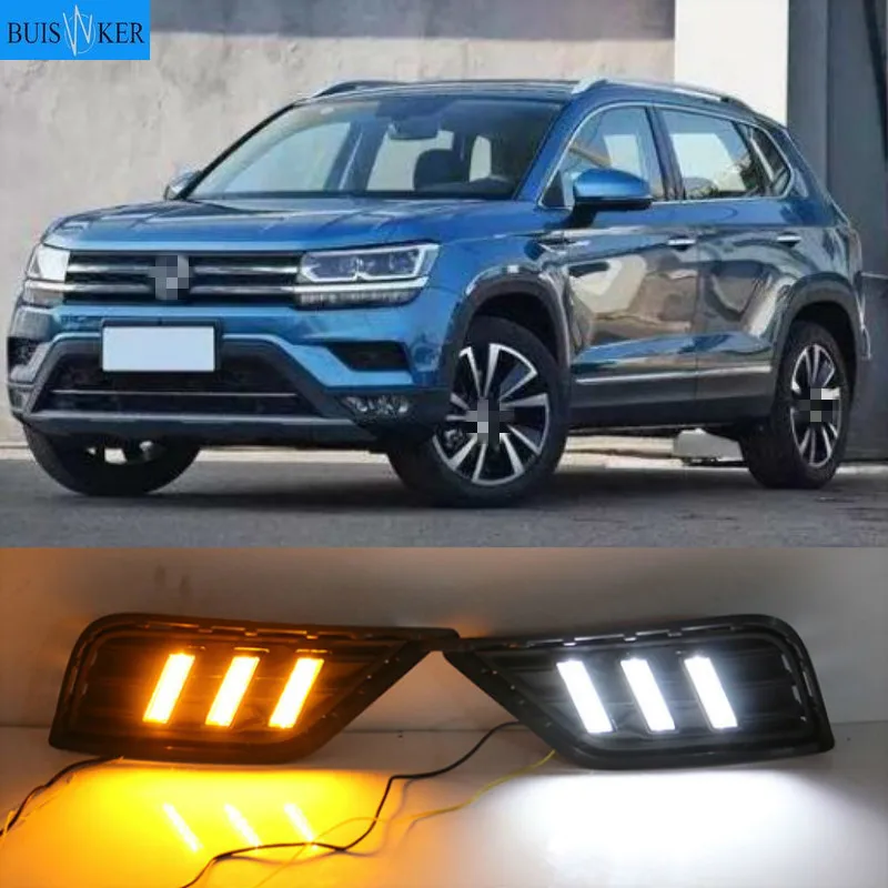 

1 пара светодиодный DRL Дневной светильник s для Volkswagen VW тару 2019 с желтым сигналом поворота колпак противотуманных фар; Темно-синие