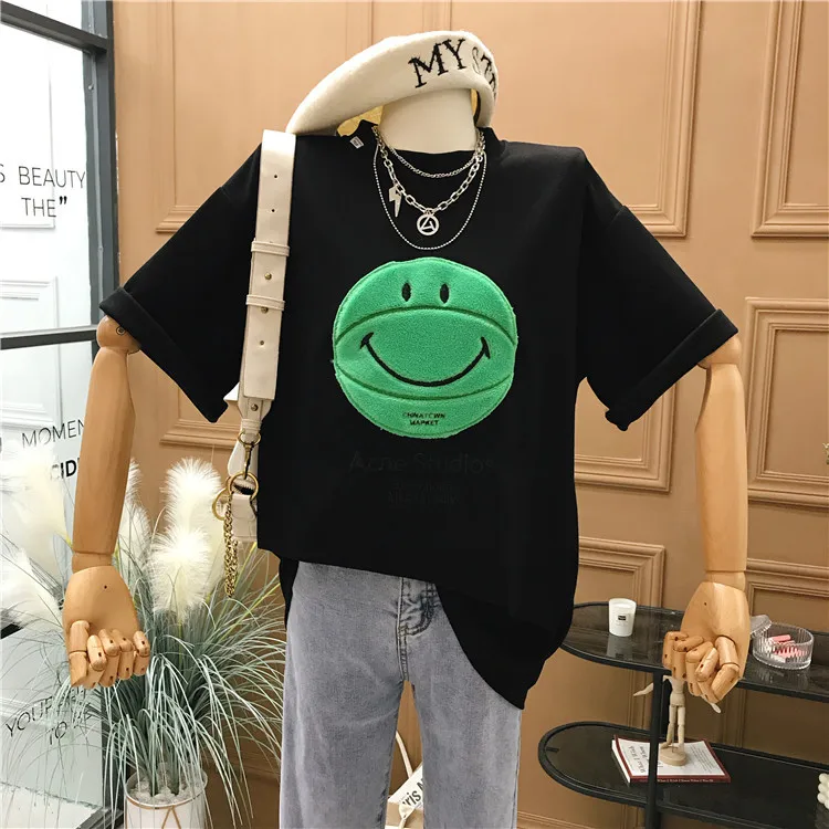 

Smiley print T-shirt women autumn and winter loose 2020 new net red ins super fire wild round neck short sleeve top