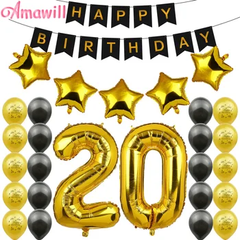 

Amawill 20th Birthday Party Decoration Kit 32inch Gold Number Balloon Happy birthday Latex Balloon 20 Years Old Party Decor 6D