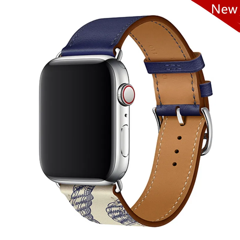 blue white Хохлатая один тур кожаный ремешок для наручных часов Apple Watch, версии 5 4 44 мм 40 мм браслет наручных часов iwatch серии 3/2/1, 42 мм, 38 мм, версия кабели зарядных устройств с поясом - Цвет ремешка: blue white